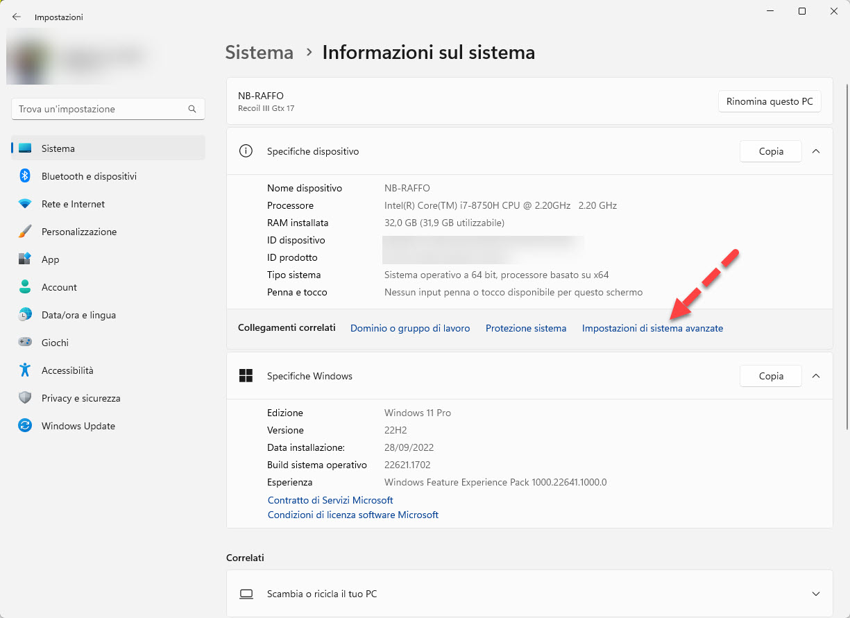 Windows 11 - Impostazioni - Sistema - Informazioni sul sistema