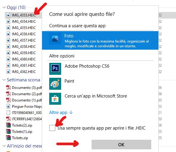 scelta di FOTO come App per aprire file .HEIC - WIndows 10