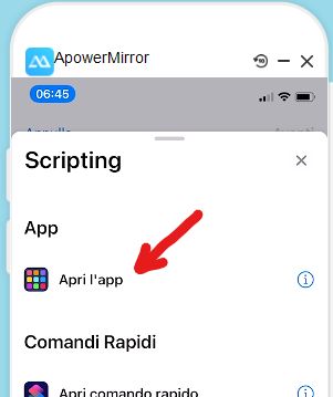 App comandi iOS 14-Aggiungi azione->Scripting->Apri l'app