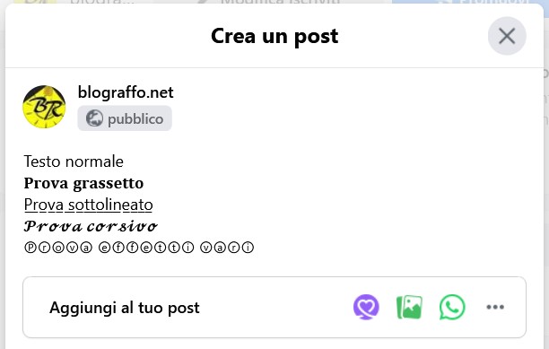 Facebook scrivere in grassetto sottolineato corsivo