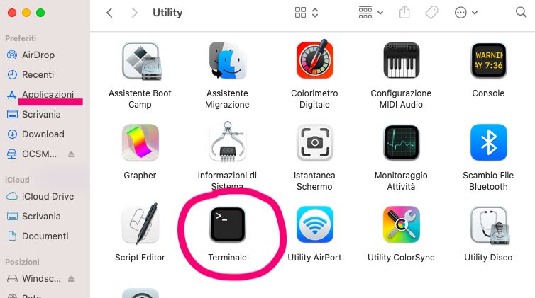 MAC Finder Applicazioni Utility Terminale