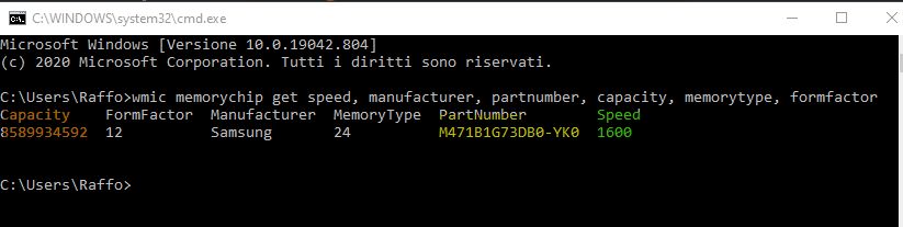Console WIndows comando per conoscere il modulo RAM installato