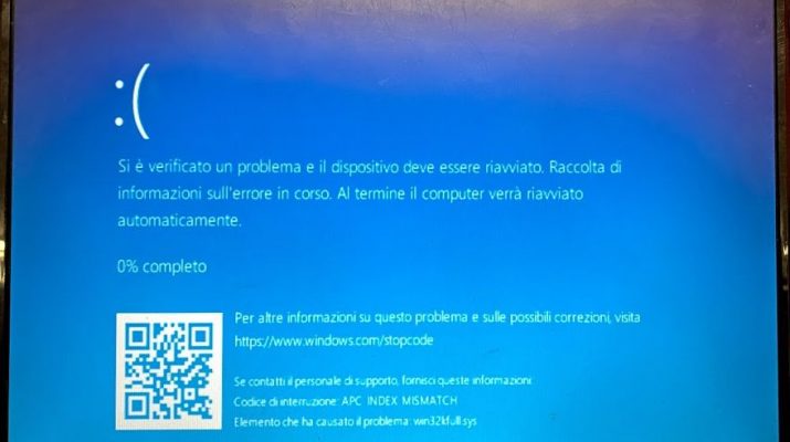 Si è verificato un problema ed il PC deve essere riavviato...APC INDEX MISMATCH win32kfull.sys