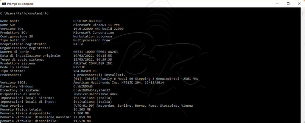 system info da console - Windows build versione