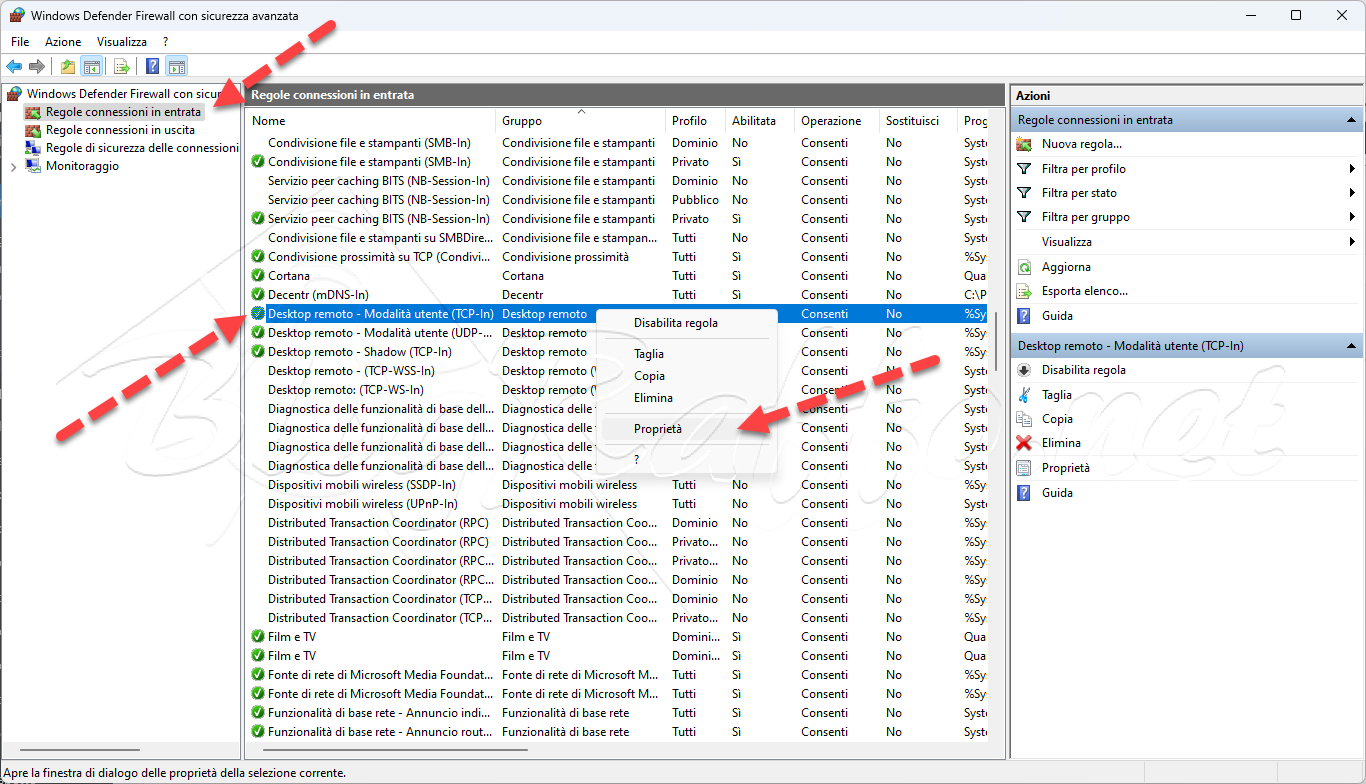 Windows Firewall - regole connessioni entrata - Desktop Remoto - Proprieta