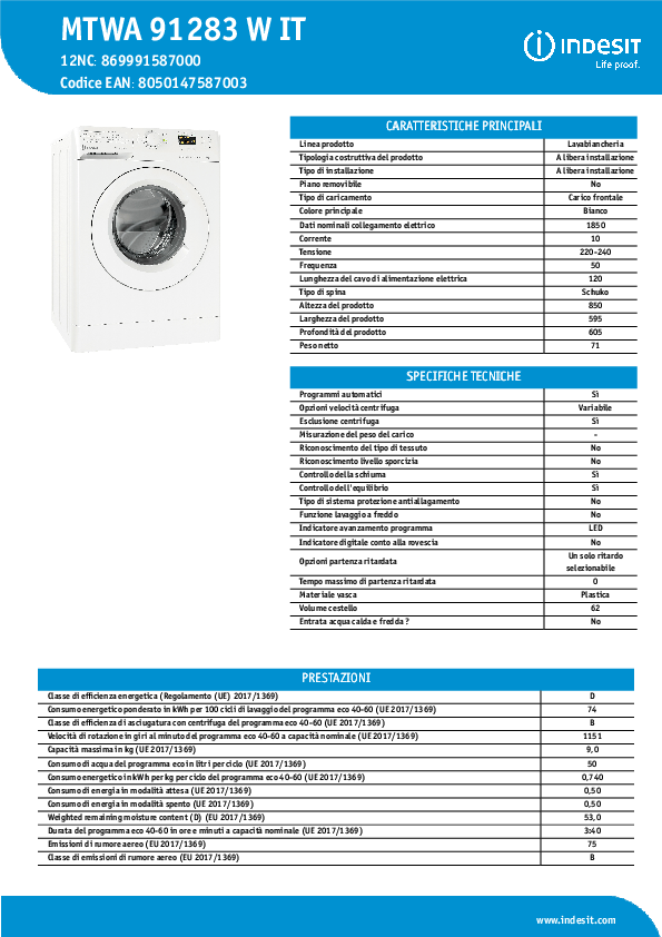 Indesit MTWA 91283 W IT lavatrice a carica frontale - Manuale - scheda tecnica - download scarica.pdf