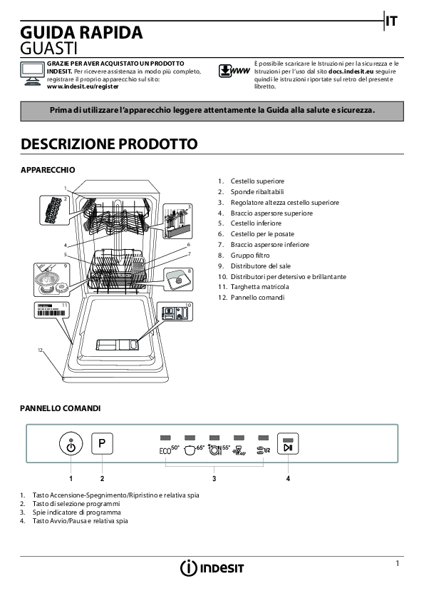 Indesit DSIE 2B10 Lavastoviglie - Manuale - Istruzioni uso e manutenzione - spie - download scarica.pdf